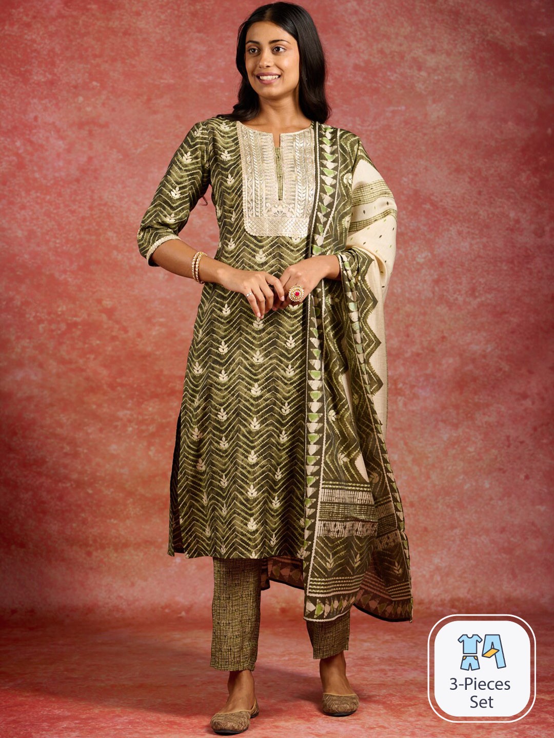 

Libas Chevon Embroidered Sequinned Straight Kurta With Trousers & Dupatta, Green