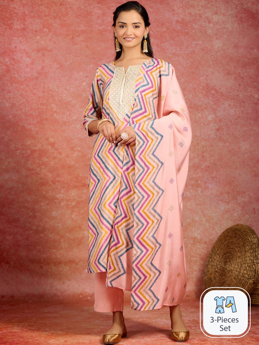 

Libas Chevron Printed Regular Sequinned Kurta With Trousers & Dupatta, Peach