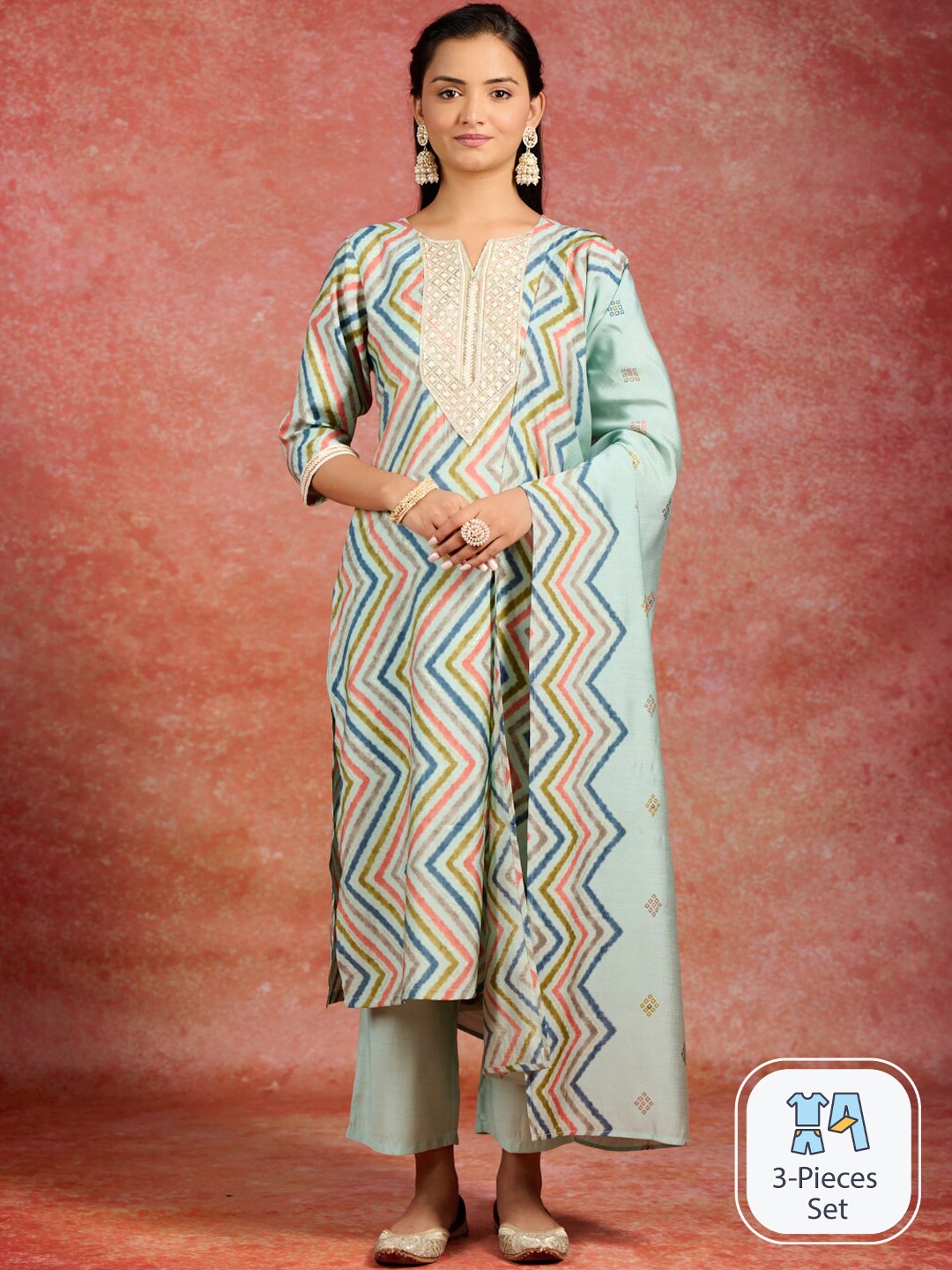 

Libas Chevron Printed Thread Work Straight Kurta & Trousers With Dupatta, Blue