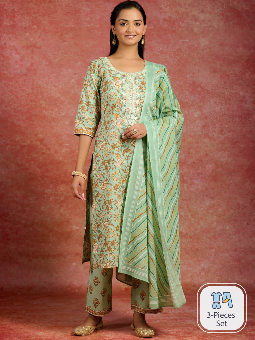 

Libas Floral Printed Regular Mirror Work Pure Cotton Kurta With Trousers & Dupatta, Green