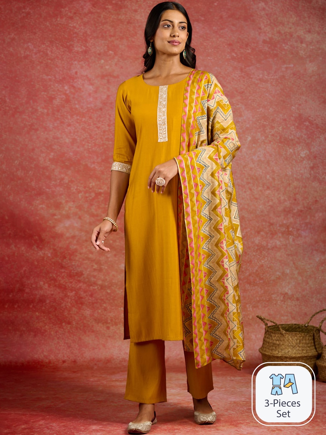 

Libas Yoke Design Regular Sequinned Kurta With Trousers & Dupatta, Mustard