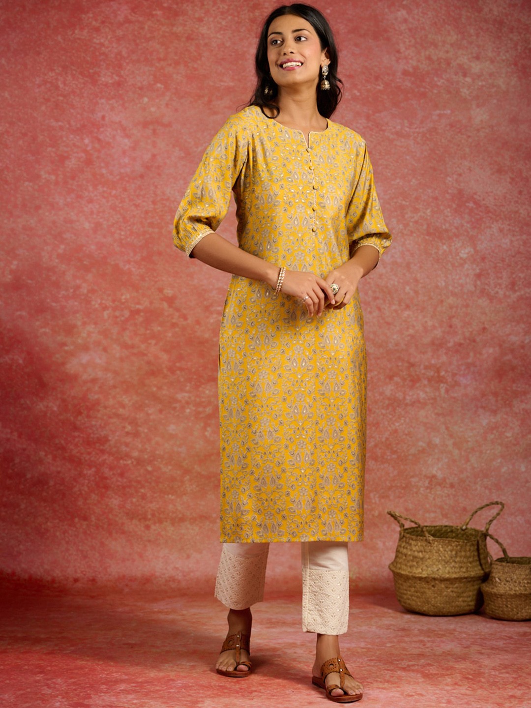 

Libas Floral Printed Silk Kurta, Yellow