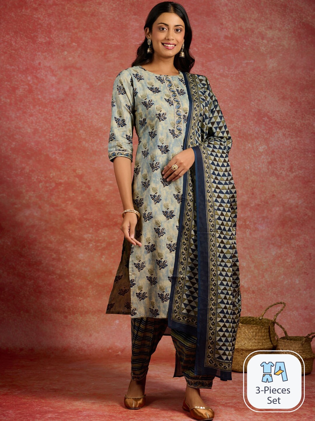 

Libas Floral Printed Regular Pure Cotton Kurta With Salwar & Dupatta, Grey