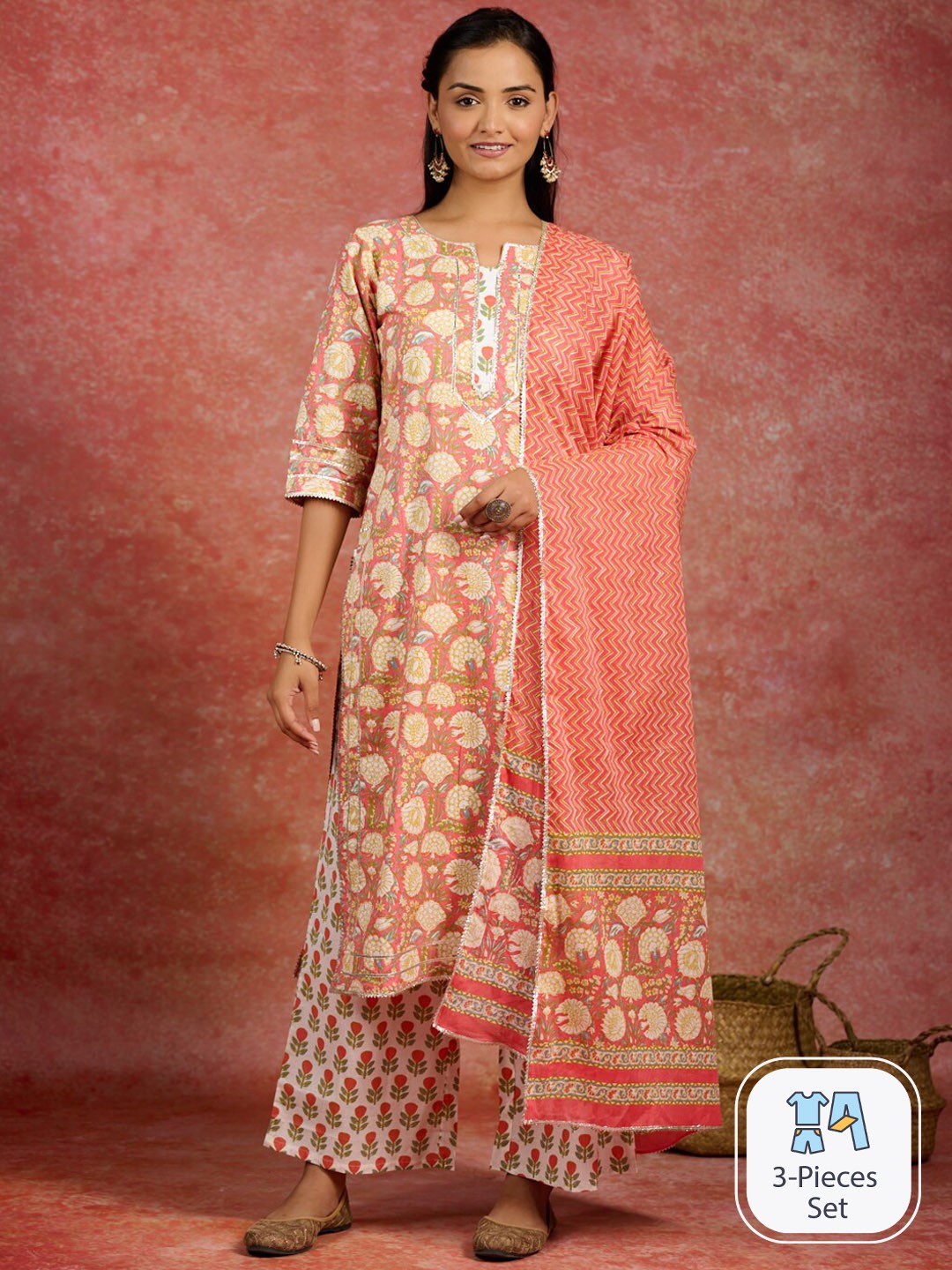 

Libas Floral Printed Regular Gotta Patti Pure Cotton Kurta With Palazzos & Dupatta, Peach