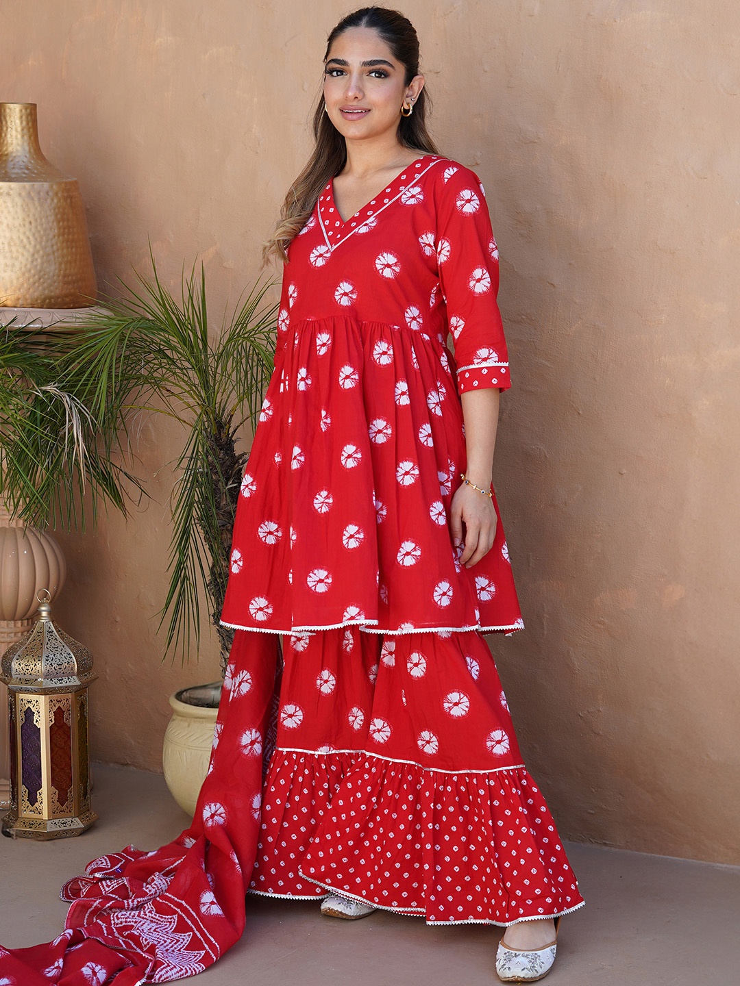 

Libas Tie & Dye Dyed V-Neck Gotta Patti Pure Cotton A-Line Kurti & Sharara With Dupatta, Red