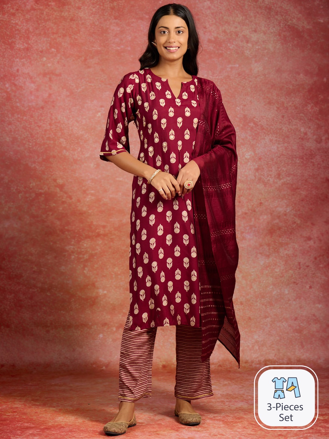 

Libas Floral Printed Straight Kurta With Trousers & Dupatta, Maroon