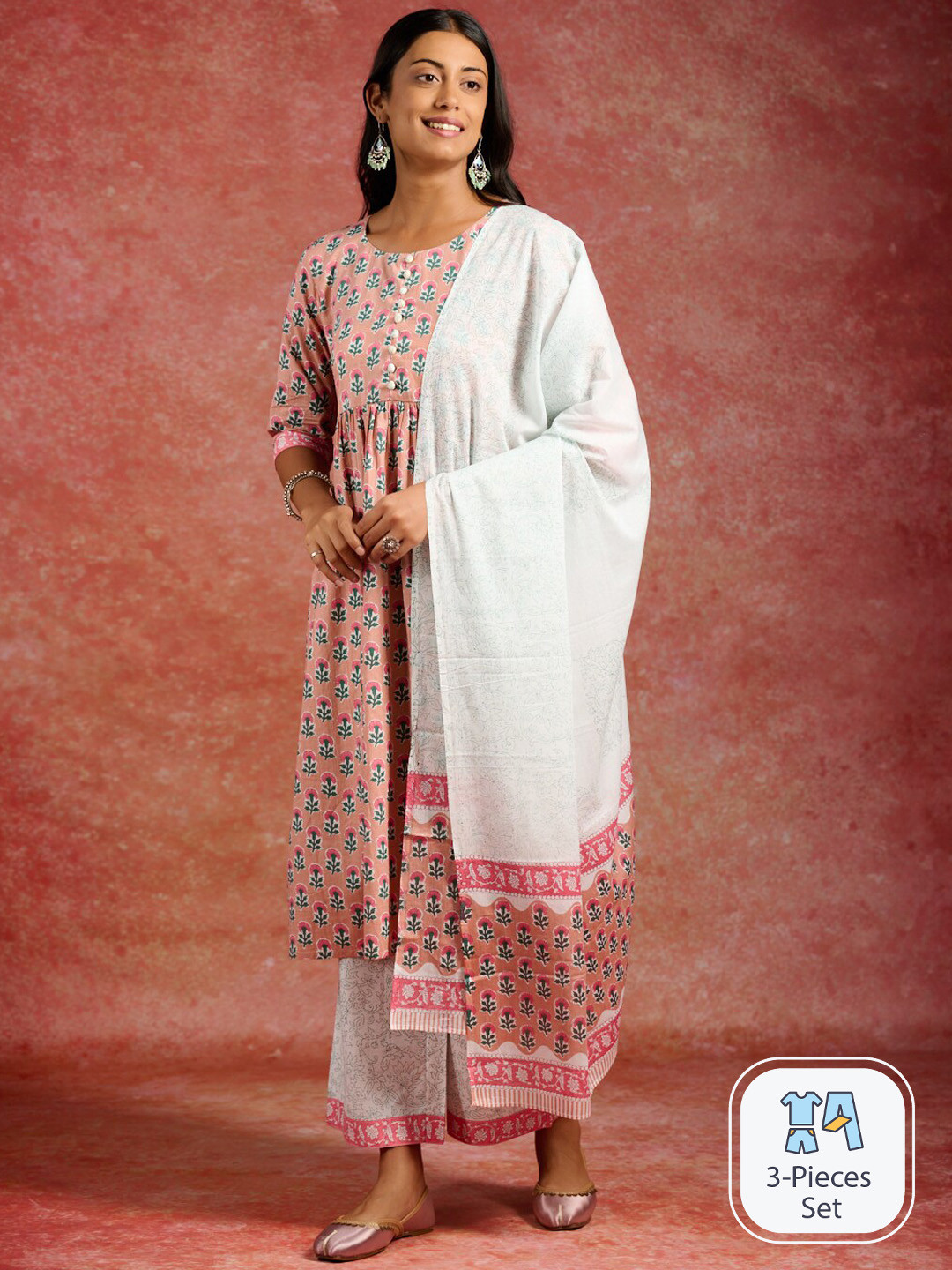

Libas Floral Printed Pleated Pure Cotton Kurta With Palazzos & Dupatta, Peach