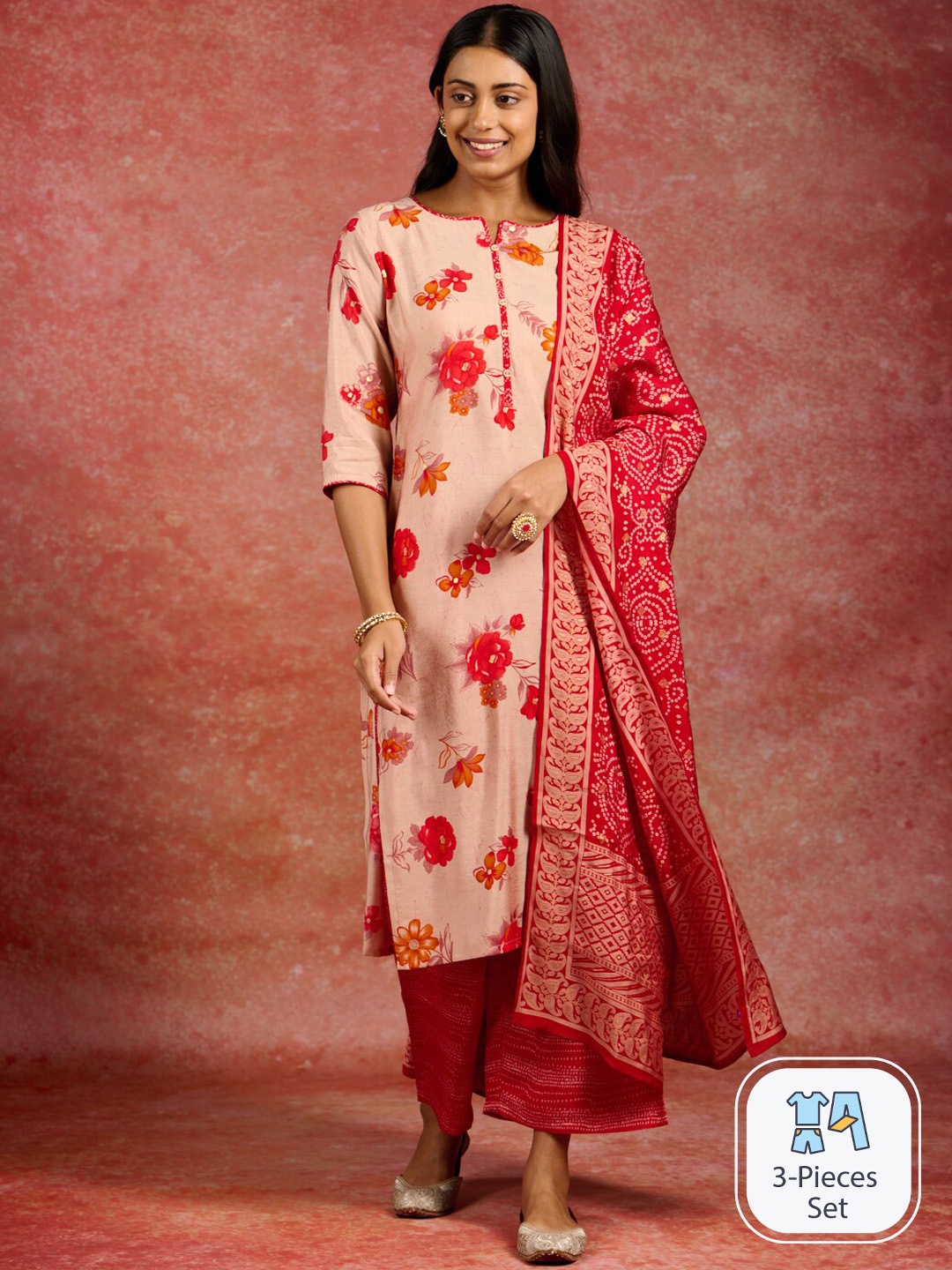 

Libas Floral Printed Regular Kurta With Palazzos & Dupatta, Red