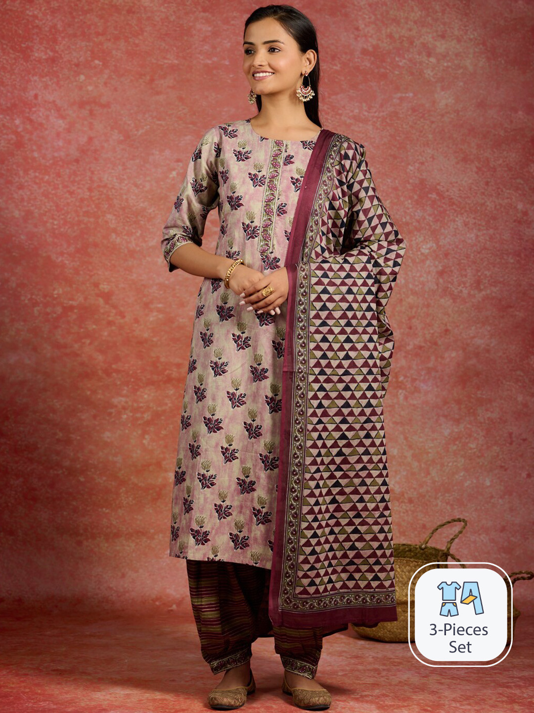 

Libas Floral Printed Round Neck Pure Cotton Straight Kurta & Salwar With Dupatta, Pink