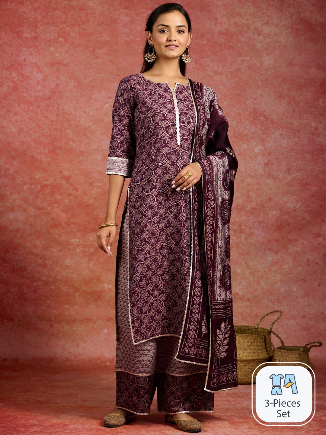 

Libas Ethnic Motifs Printed Gotta Patti Straight Kurta With Palazzos & Dupatta, Burgundy