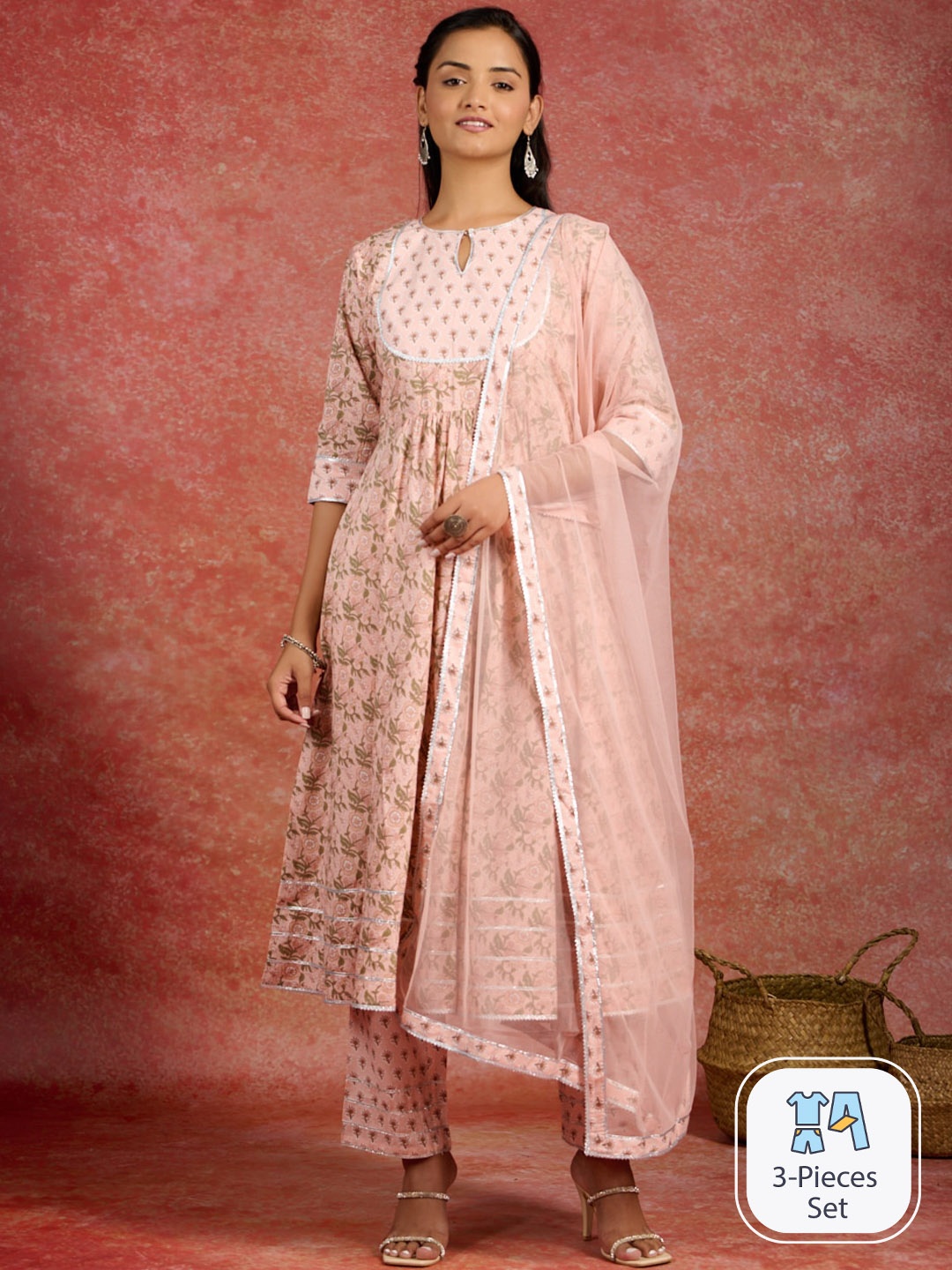 

Libas Floral Printed Keyhole Neck Gotta Patti Anarkali Kurta & Trousers With Dupatta, Peach