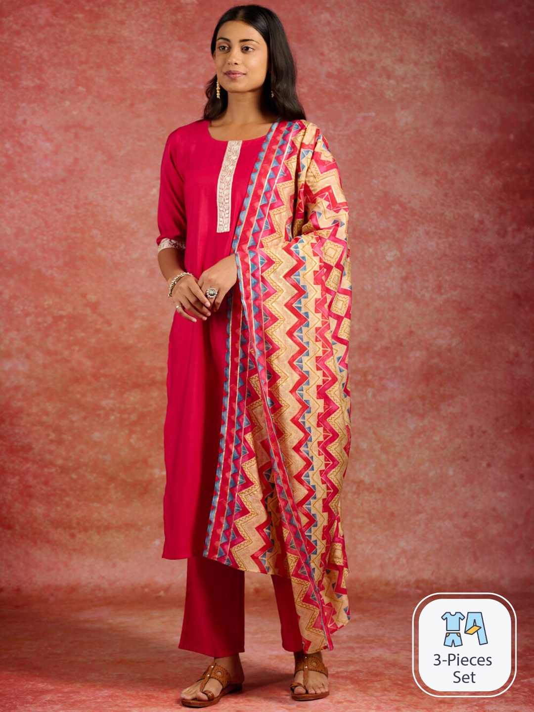 

Libas Ethnic Motifs Yoke Design Straight Kurta & Trousers With Dupatta, Pink