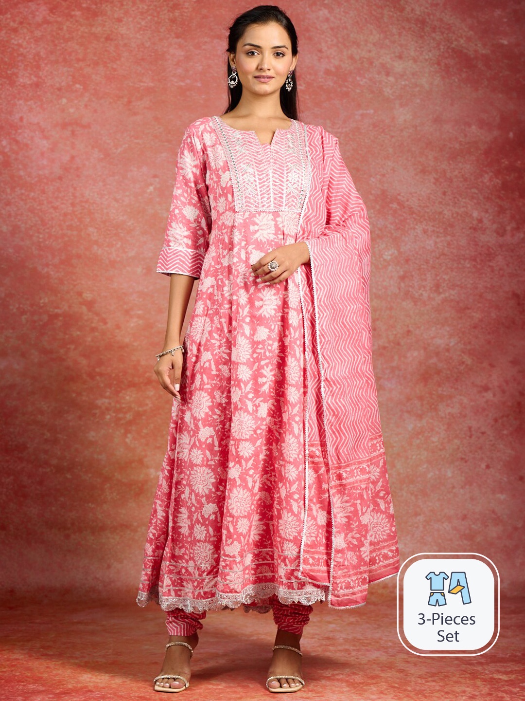 

Libas Floral Printed Sequinned Pure Cotton Anarkali Kurta & Churidar With Dupatta, Coral