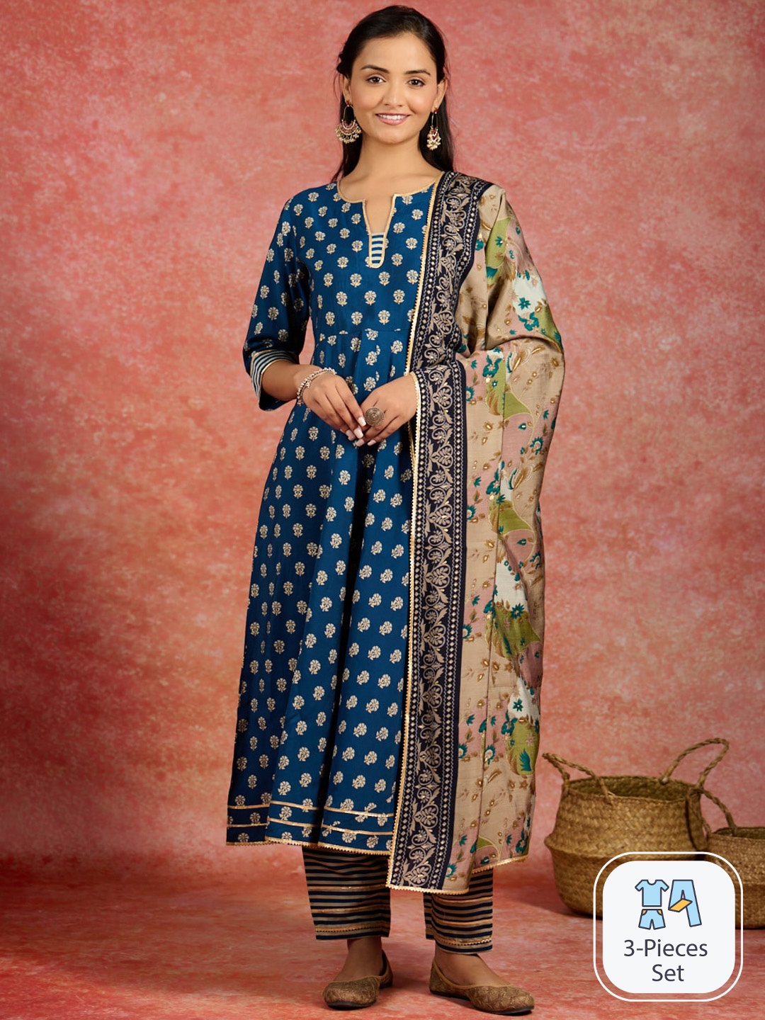 

Libas Floral Printed Pleated Gotta Patti Kurta With Trousers & Dupatta, Blue