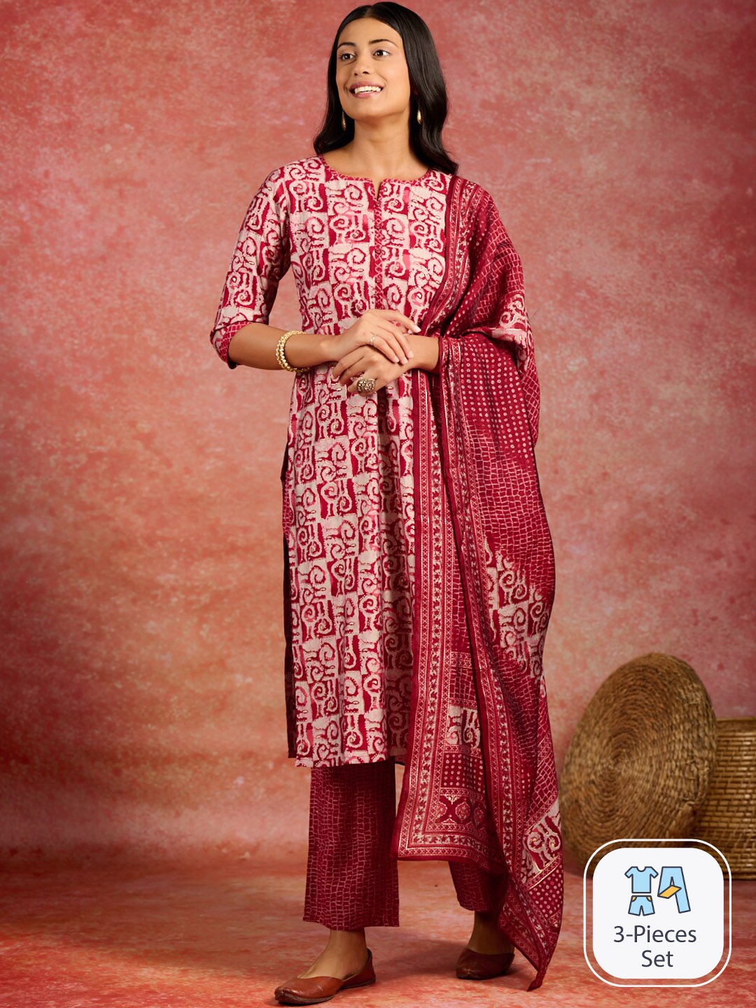 

Libas Abstract Printed Regular Kurta With Trousers & Dupatta, Maroon