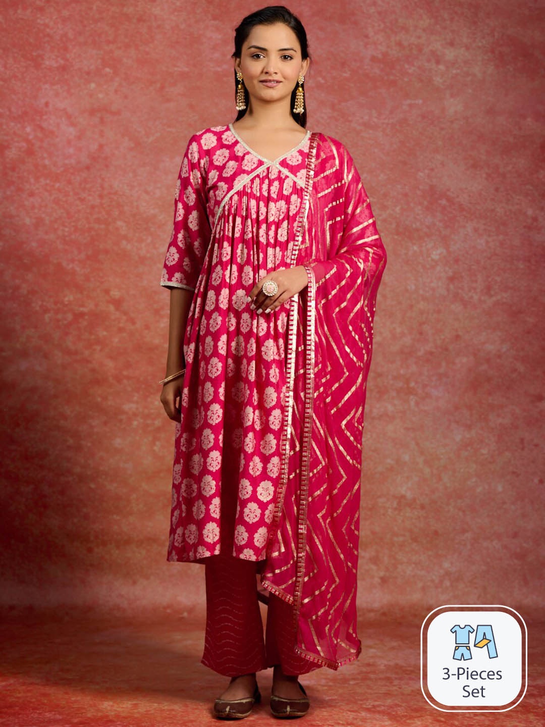 

Libas Floral Printed Pleated A-Line Kurta With Trousers & Dupatta, Pink