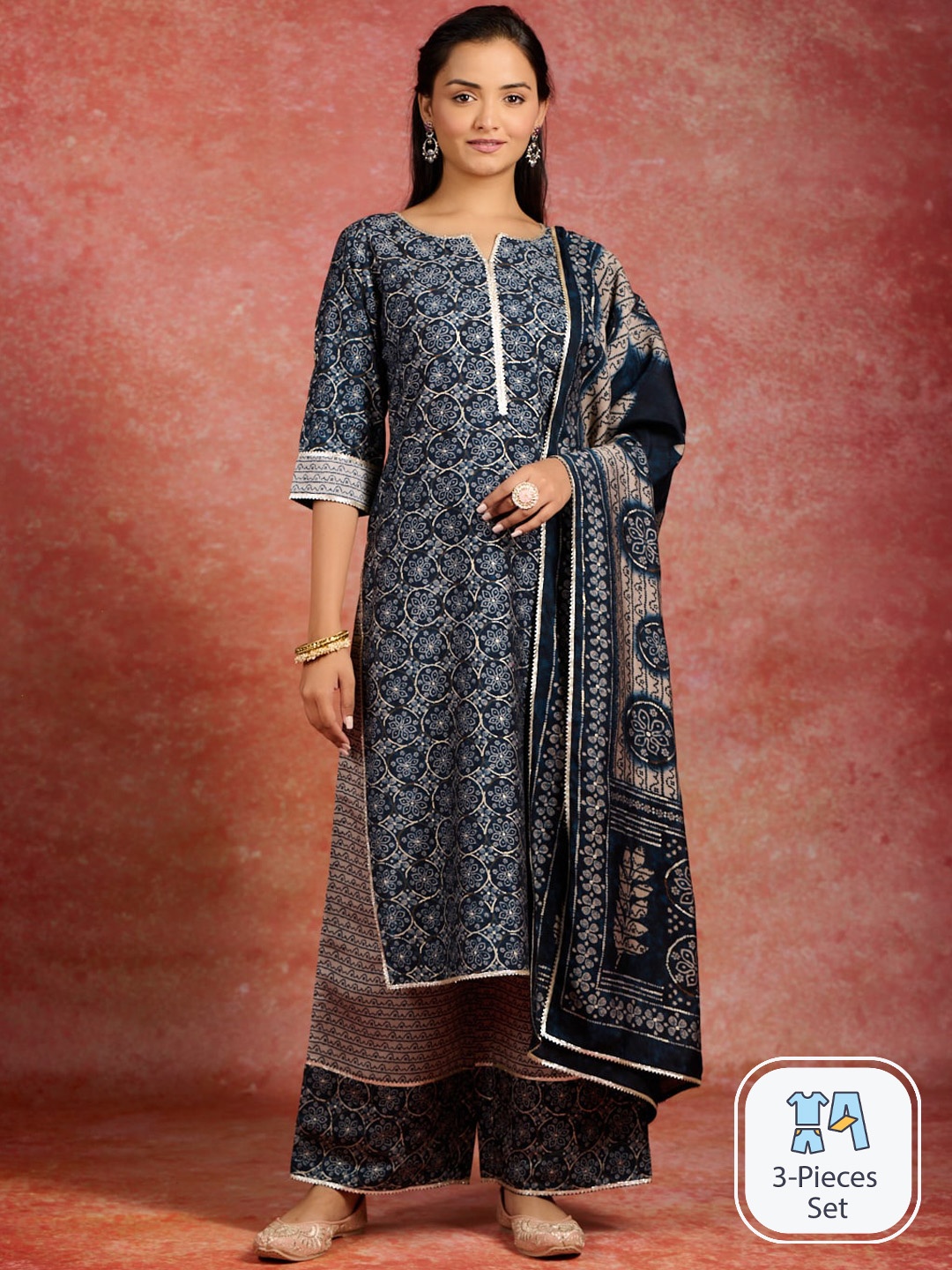 

Libas Ethnic Motifs Printed Gotta Patti Straight Kurta & Palazzos With Dupatta, Blue