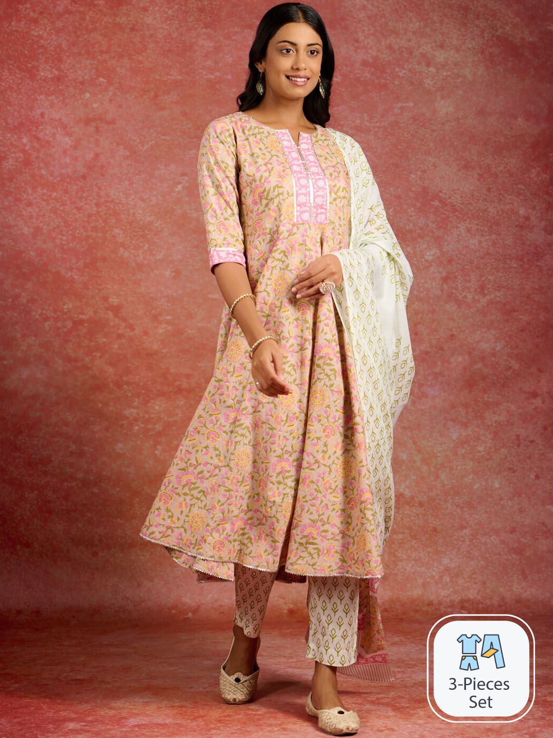 

Libas Floral Printed Pure Cotton Anarkali Kurta & Trousers With Dupatta, Tan