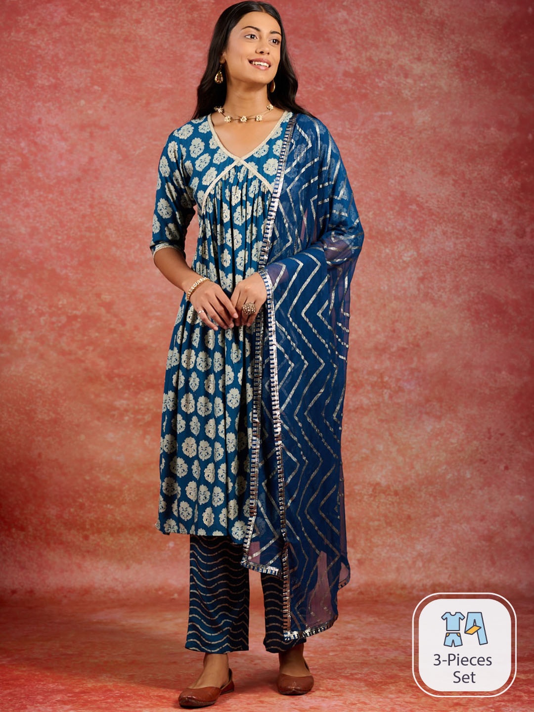 

Libas Floral Printed Empire Gotta Patti Kurta With Trousers & Dupatta, Blue