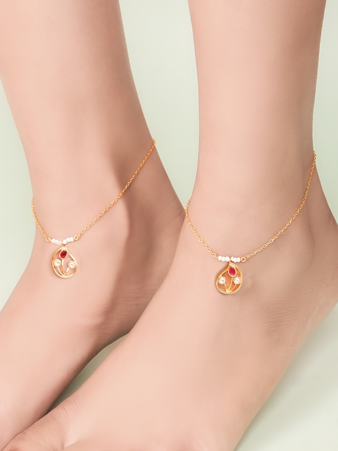 

Unniyarcha Set Of 2 92.5 Sterling Silver Gold-Plated Stone-Studded Anklets