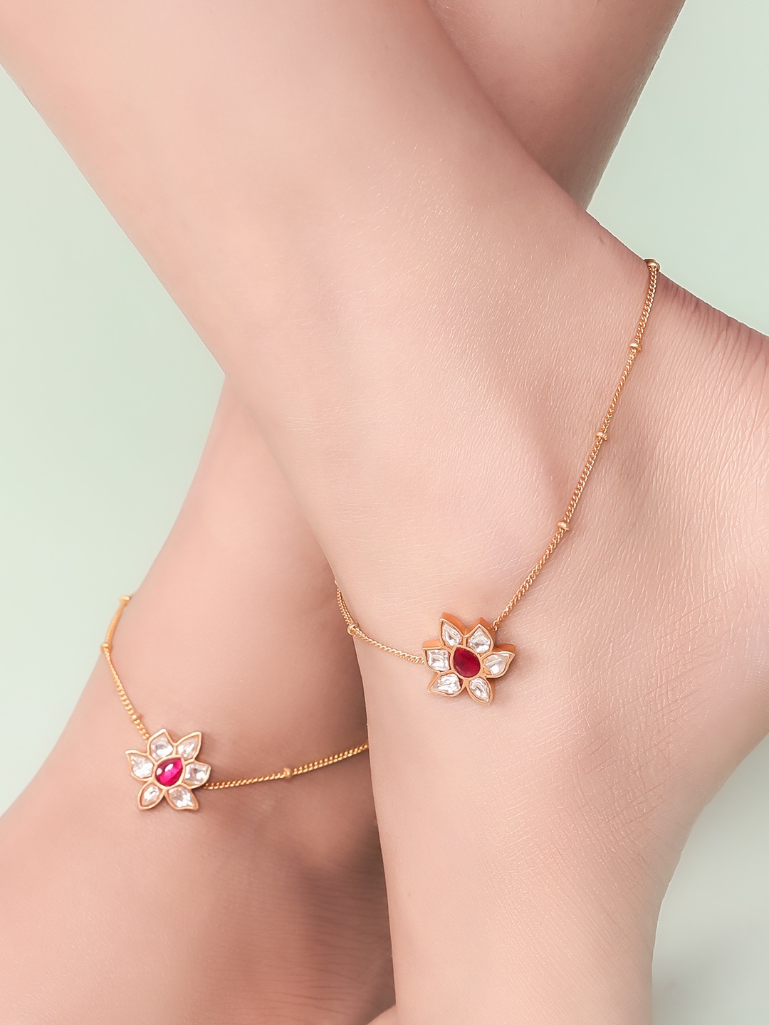 

Unniyarcha Set Of 2 92.5 Sterling Silver-Plated Gold-Studded Anklets