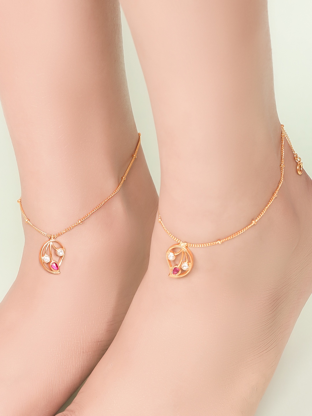 

Unniyarcha Set Of 2 92.5 Sterling Silver Gold-Plated Stone-Studded Anklets