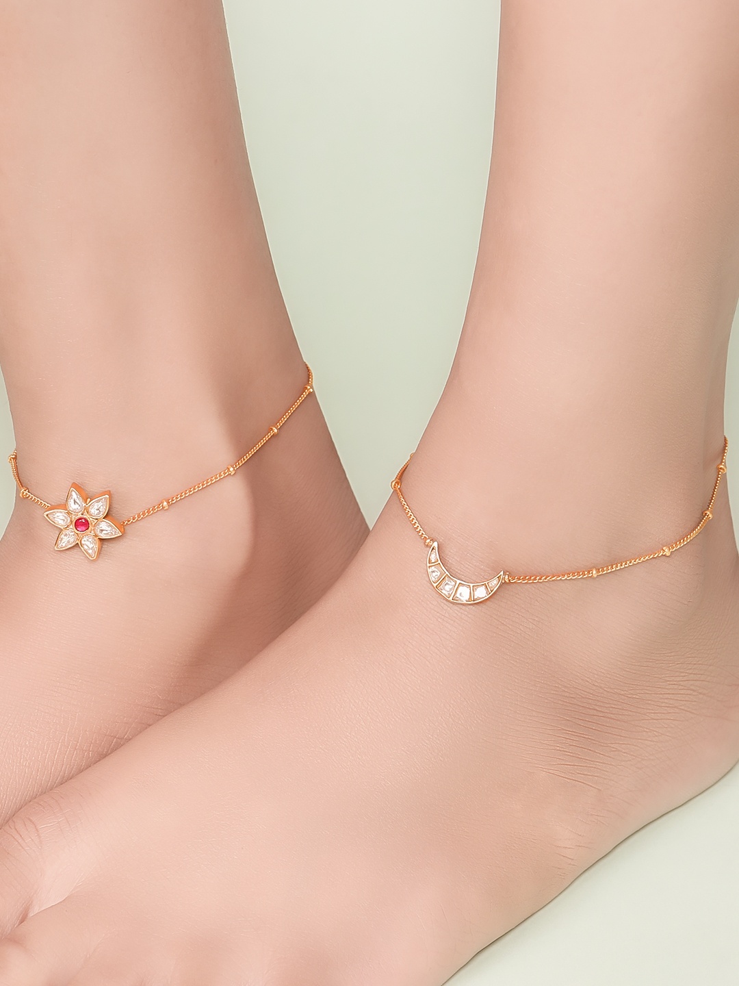 

Unniyarcha Set Of 2 92.5 Sterling Silver Gold-Plated Artificial Stones-Studded Anklets