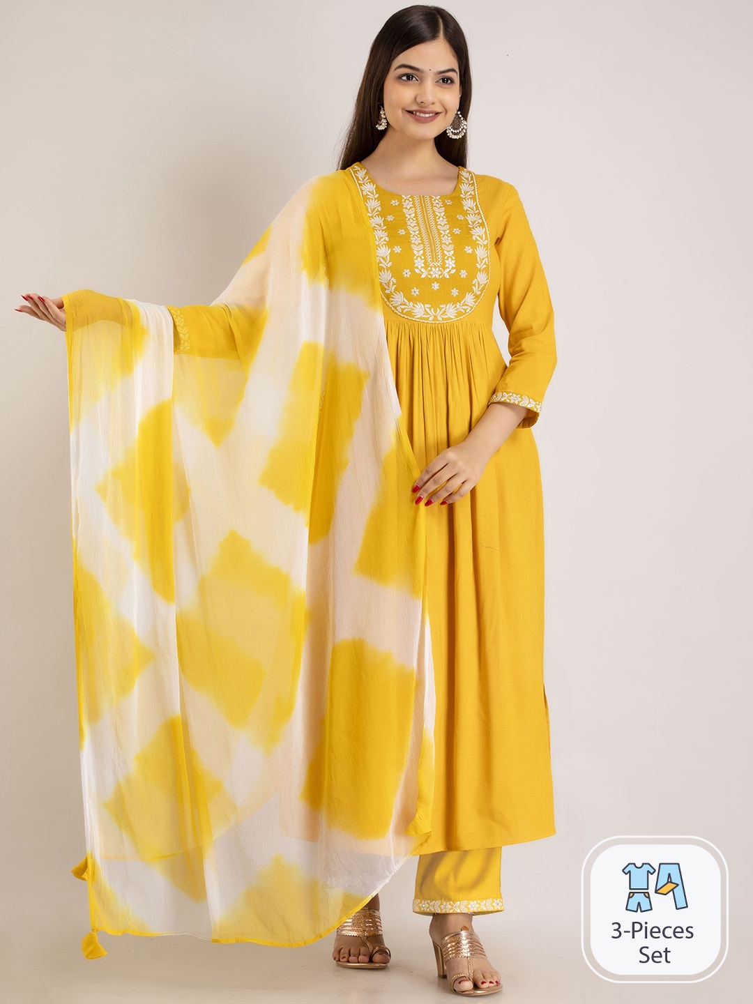 

Mizaz Ethnic Motifs Embroidered Pleated Mirror Work Kurta with Trousers & Dupatta, Mustard