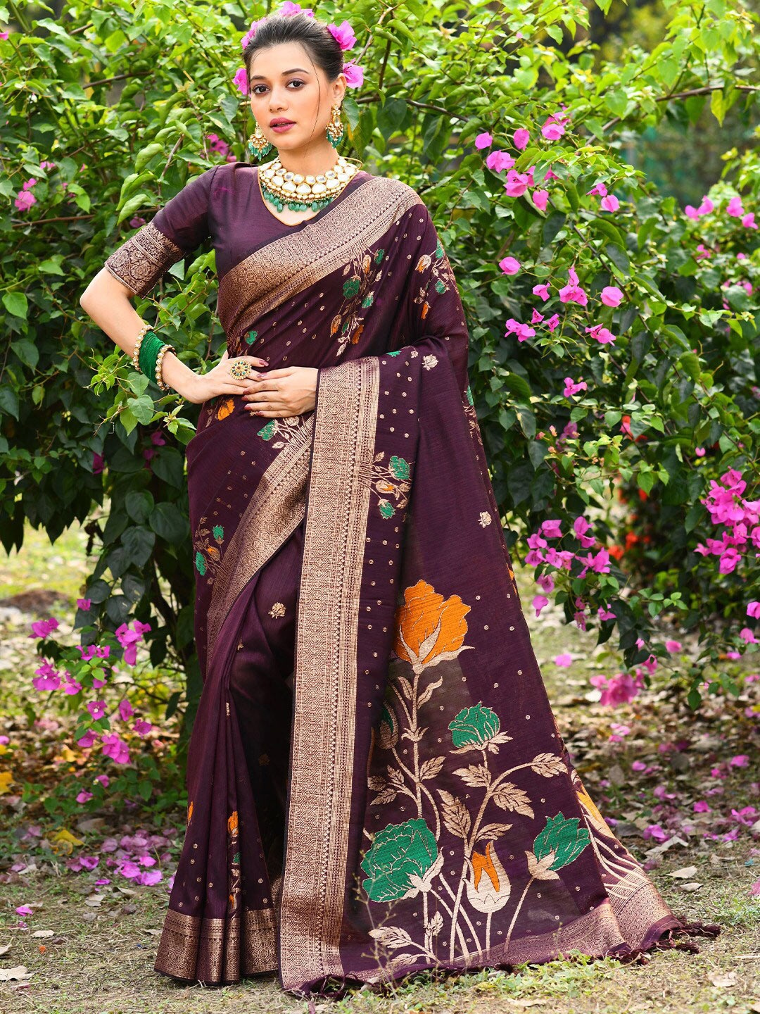 

KARAGIRI Floral Printed Zari Banarasi Saree, Violet