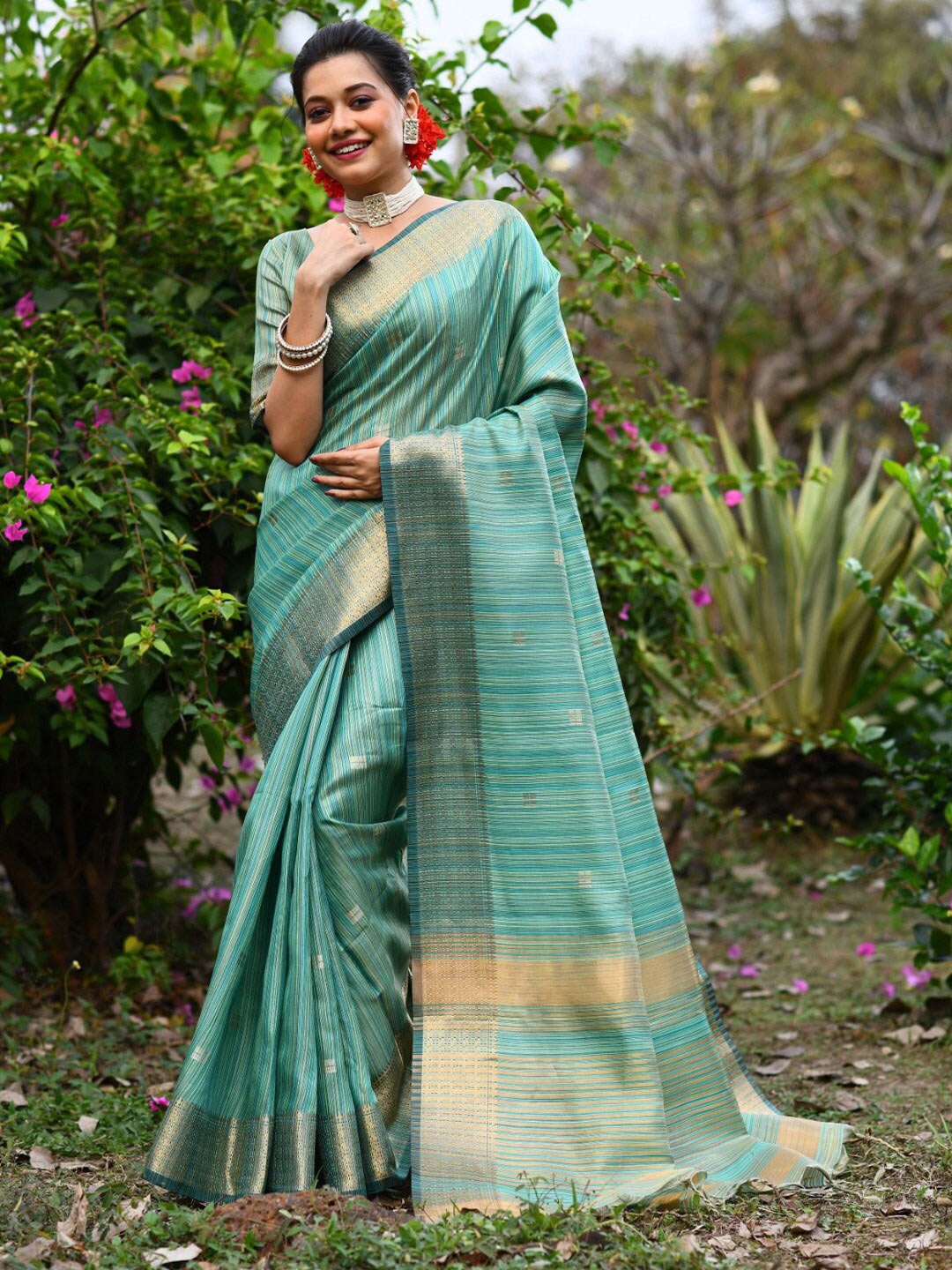 

KARAGIRI Geometric Woven Design Zari Detailed Saree, Green