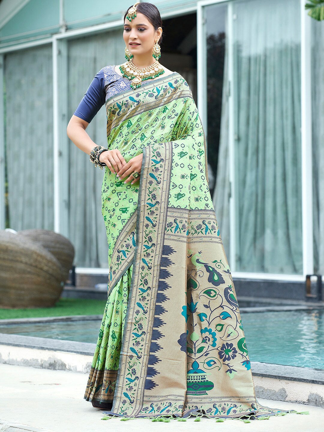 

KARAGIRI Ethnic Motifs Woven Design Zari Paithani Saree, Green