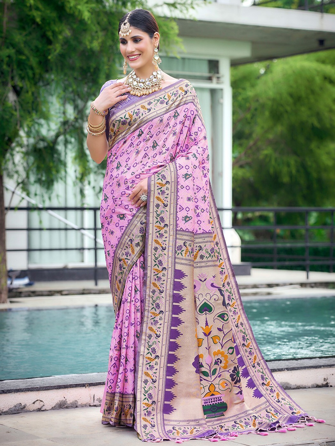 

KARAGIRI Ethnic Motifs Woven Design Zari Detailed Paithani Saree, Rose