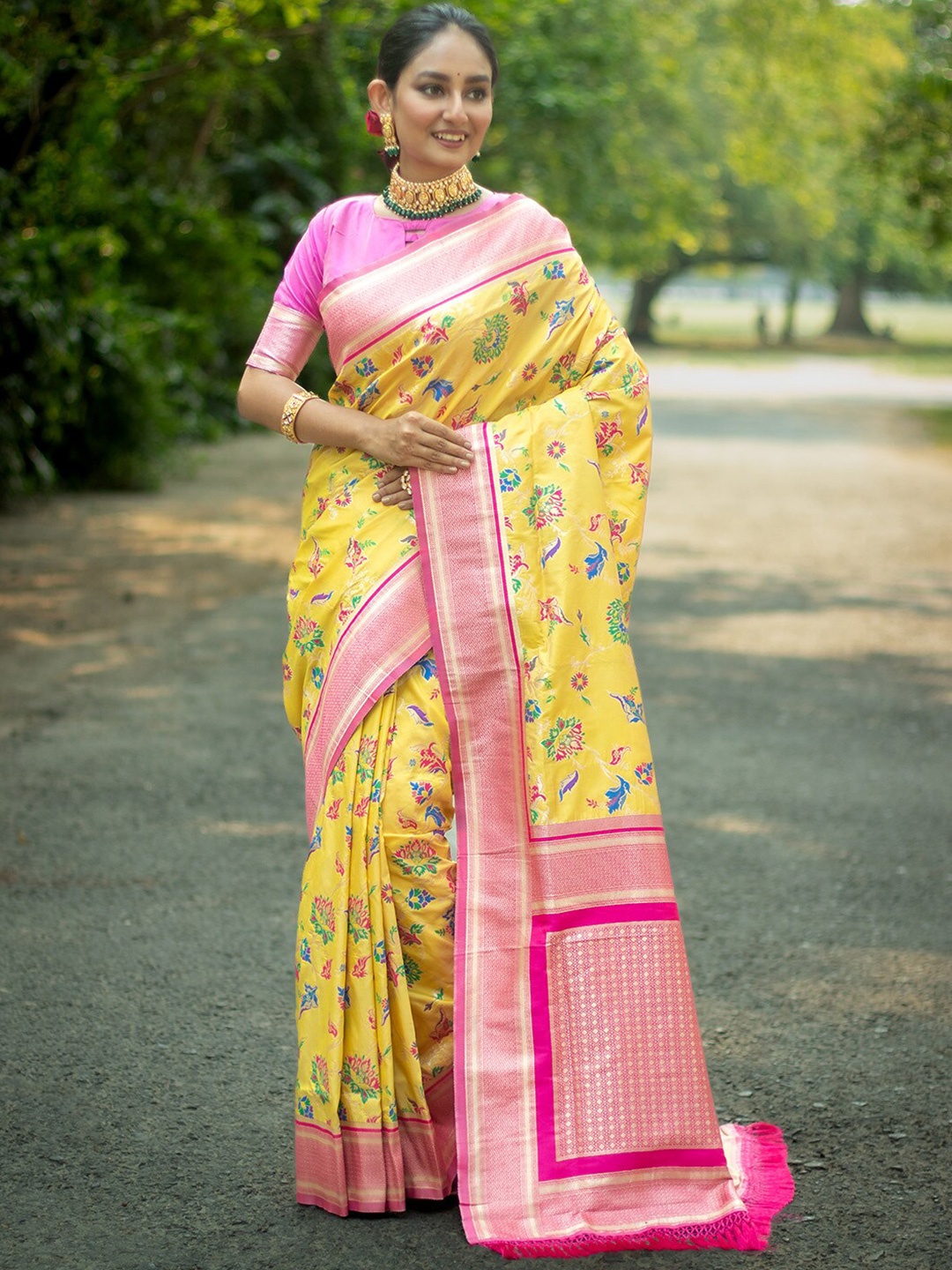 

KARAGIRI Floral Woven Design Zari Detailed Banarasi Saree, Yellow