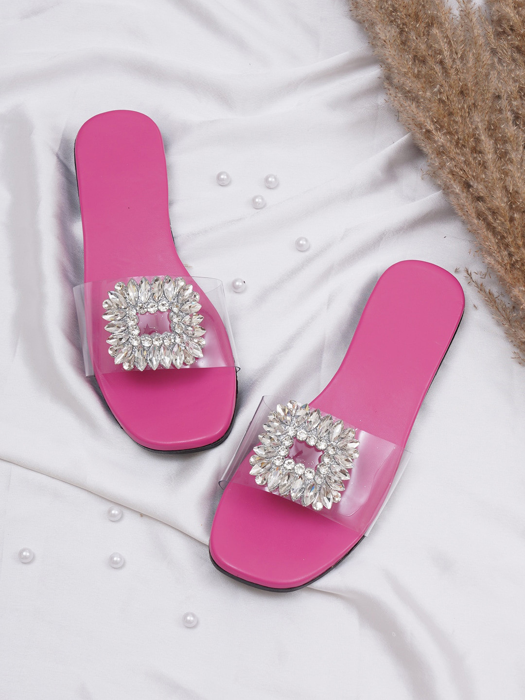 

HASTEN Embellished Open Toe Flats, Pink