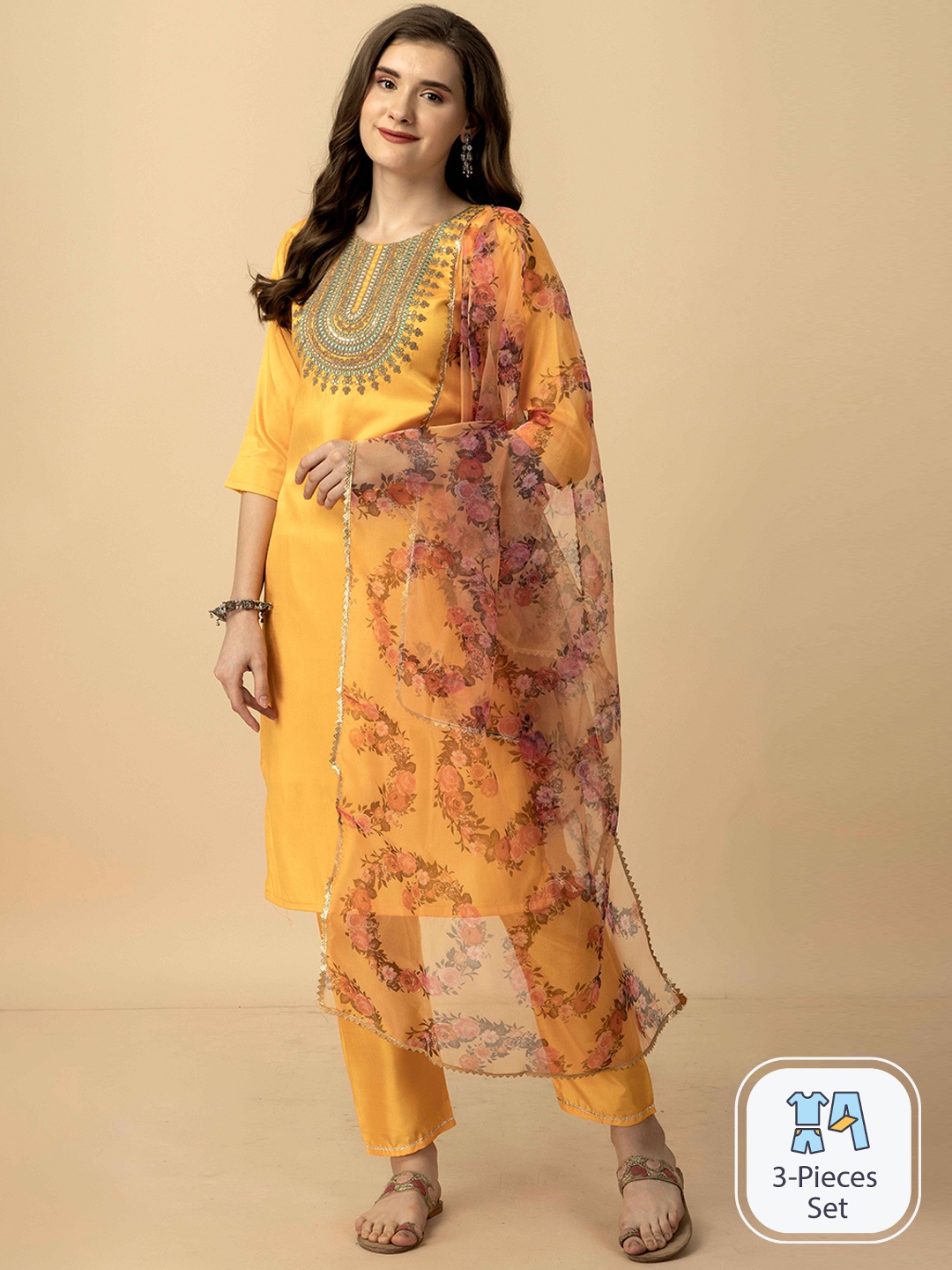 

WORIVOC Ethnic Motifs Embroidered Kurta With Trousers & Dupatta, Yellow