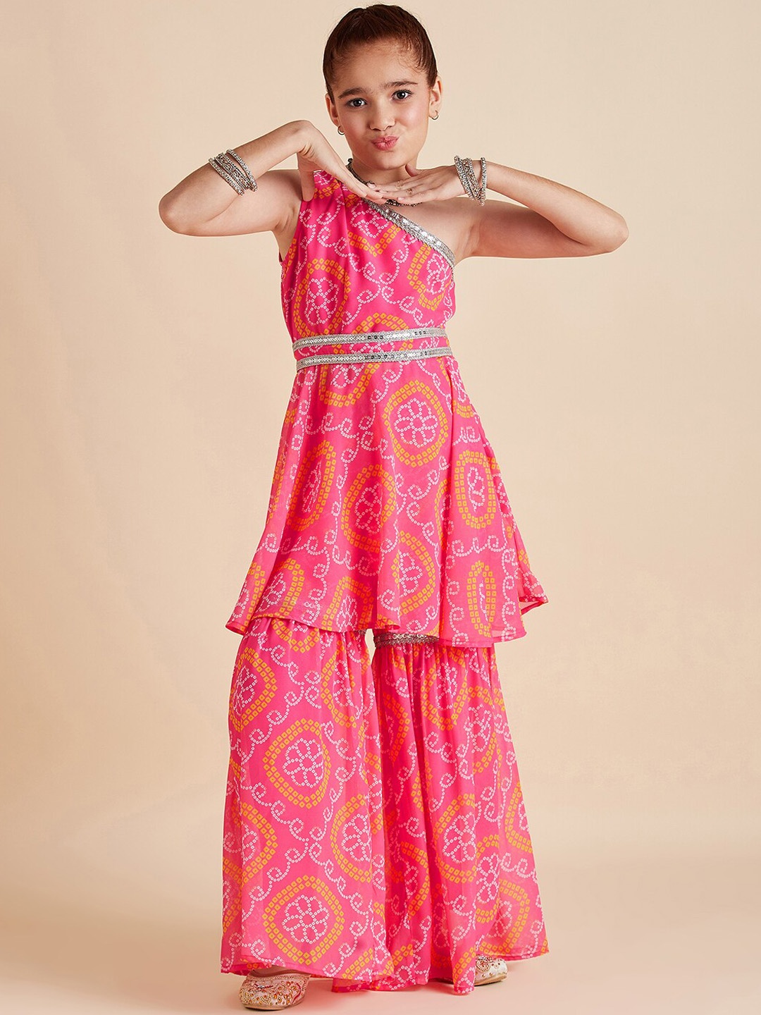 

Cherry & Jerry Girls Bandhani Printed Empire Gotta Patti Kurta with Sharara, Pink