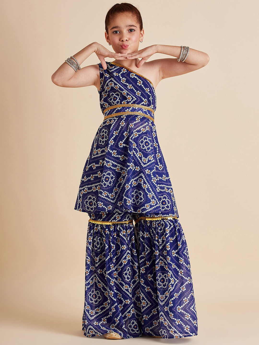 

Cherry & Jerry Girls Bandhani Printed Empire Gotta Patti Kurta with Sharara, Blue