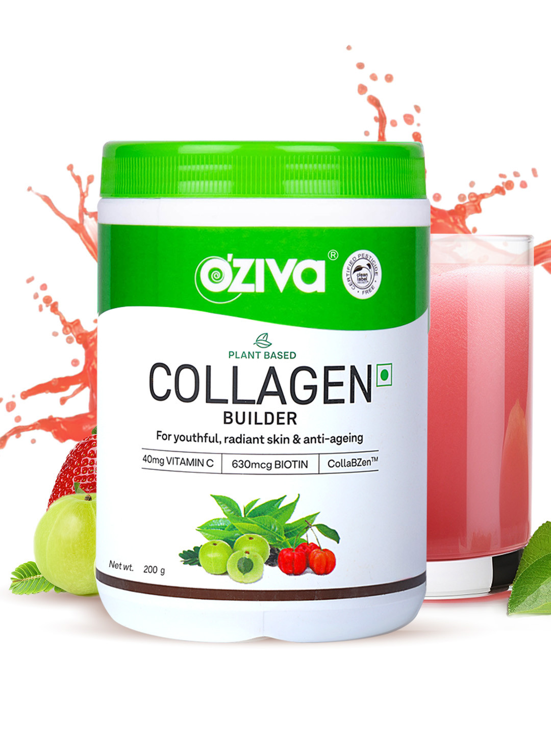 

OZiva Plant Based Classic Tangy Amla Collagen Builder with Biotin & Vitamin C - 200 g, Green