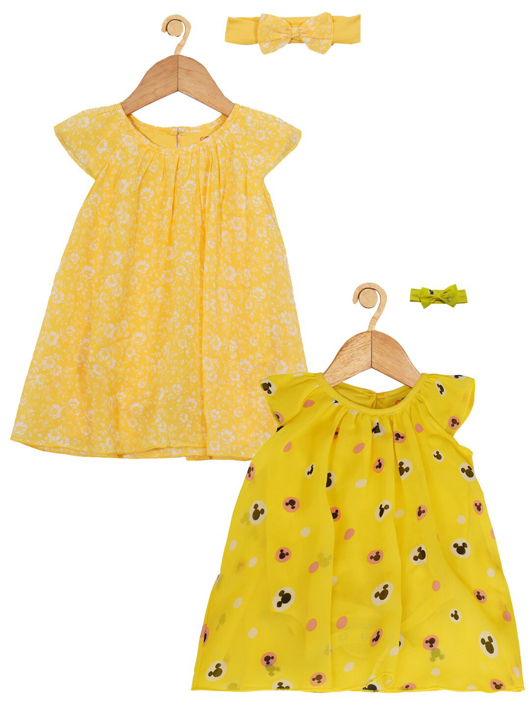 

Creative Kids Girls Pack of 2 Printed Cap Sleeves A-Line Dresses With Hairband, Yellow