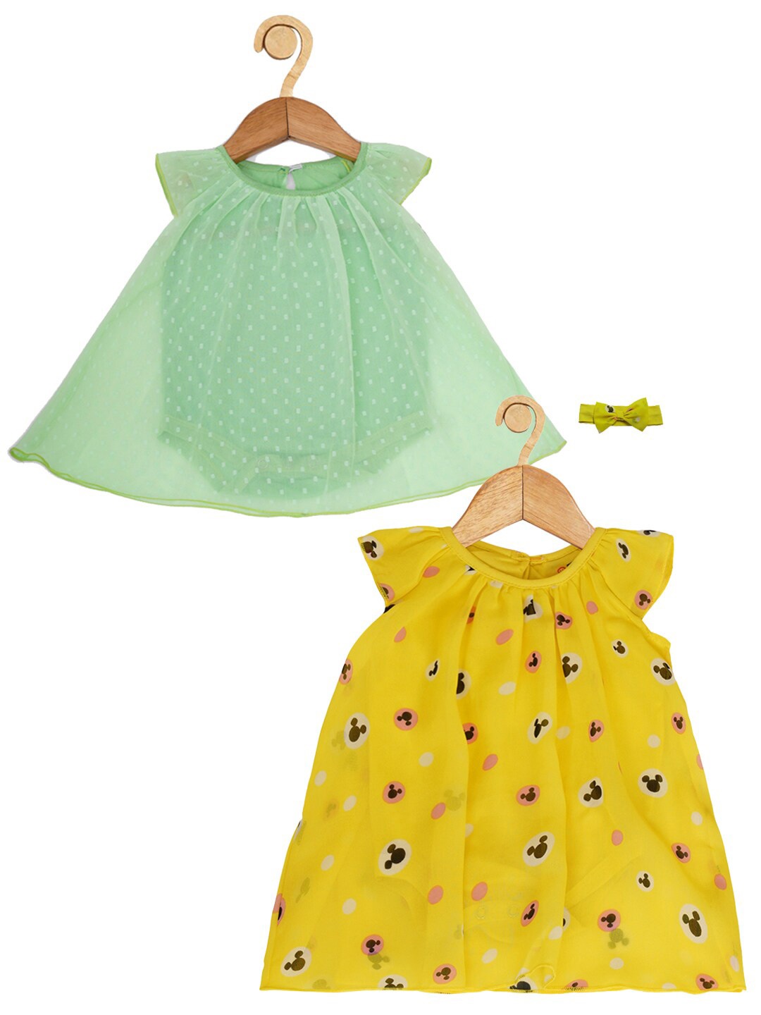 

Creative Kids Girls Pack of 2 Printed Cap Sleeves A-Line Dresses With Hairband, Green