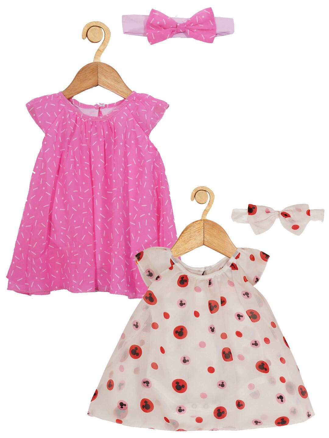 

Creative Kids Infant Girls Pack Of 2 Mickey Mouse Printed A-Line Romper Dress, Pink