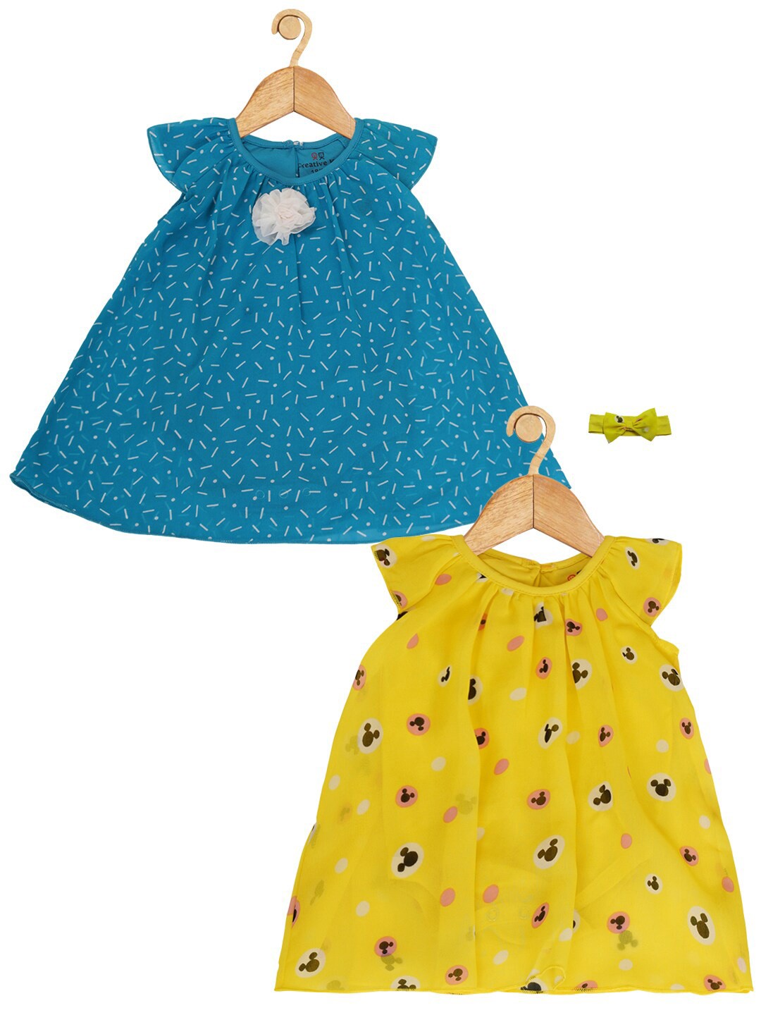 

Creative Kids Girls Pack of 2 Printed Cap Sleeves A-Line Dresses With Hairband, Blue