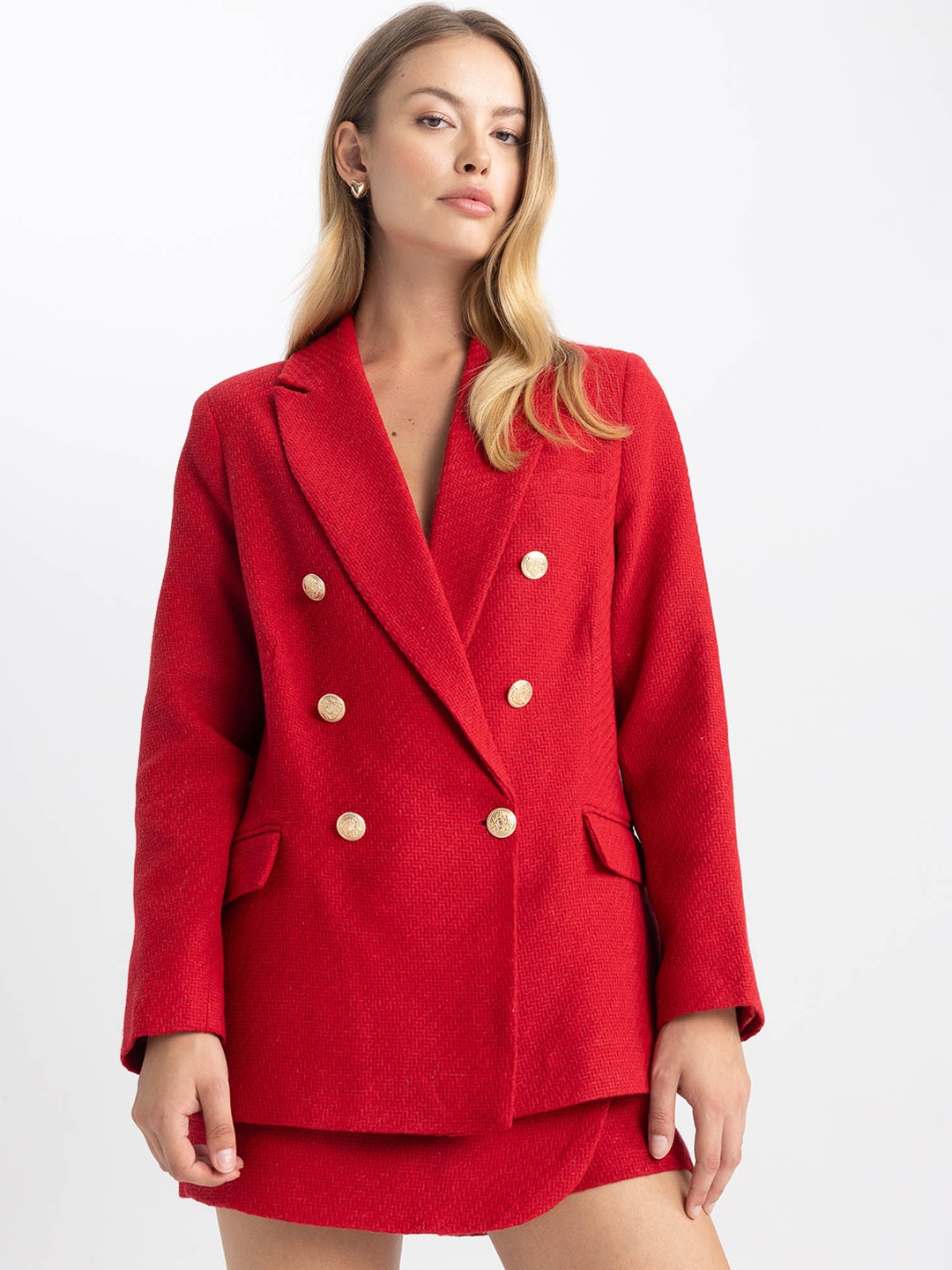 

DeFacto Self Design Notched Lapel Collar Double-Breasted Acrylic Casual Blazer, Red