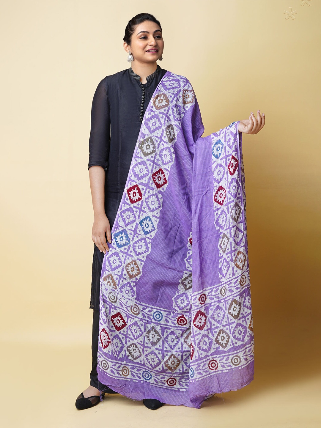 

Unnati Silks Ethnic Motifs Printed Pure Cotton Batik Dupatta, Violet