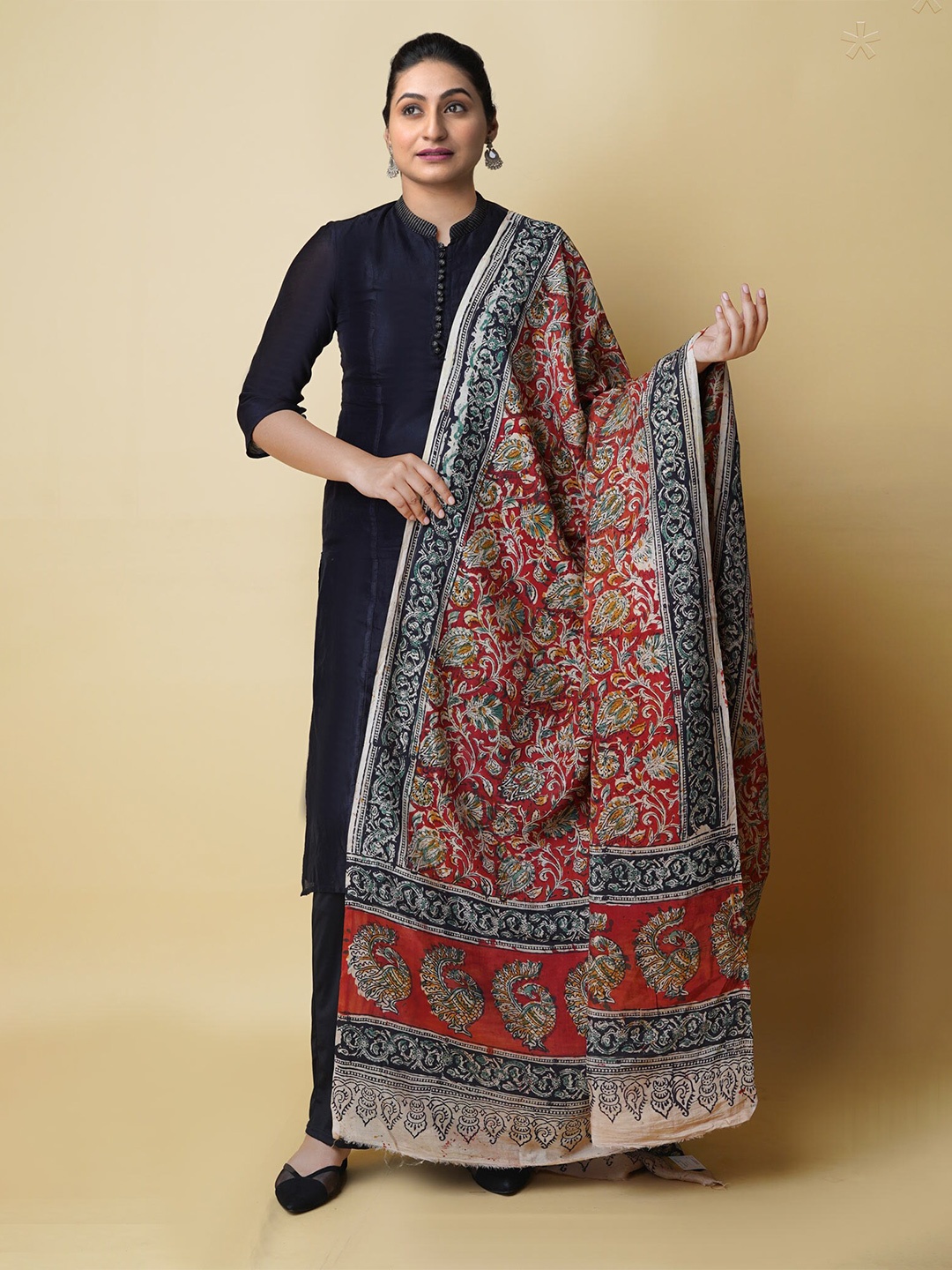 

Unnati Silks Ethnic Motifs Kalamkari Block Printed Dupatta, Red