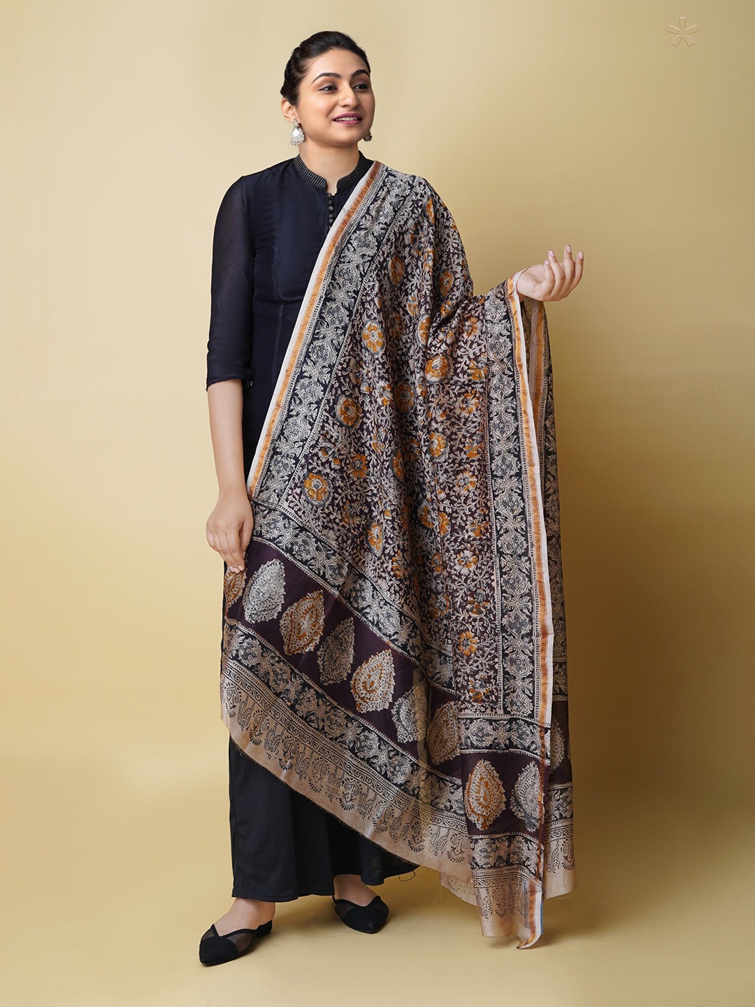 

Unnati Silks Ethnic Motifs Kalamkari Block Printed Dupatta, Brown