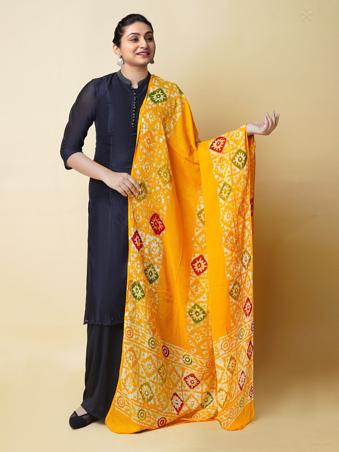 

Unnati Silks Ethnic Motifs Printed Pure Cotton Batik Dupatta, Yellow