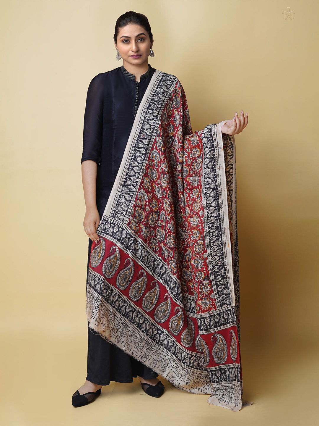 

Unnati Silks Ethnic Motifs Printed Pure Chanderi Hand Block Kalamkari Dupatta, Cream