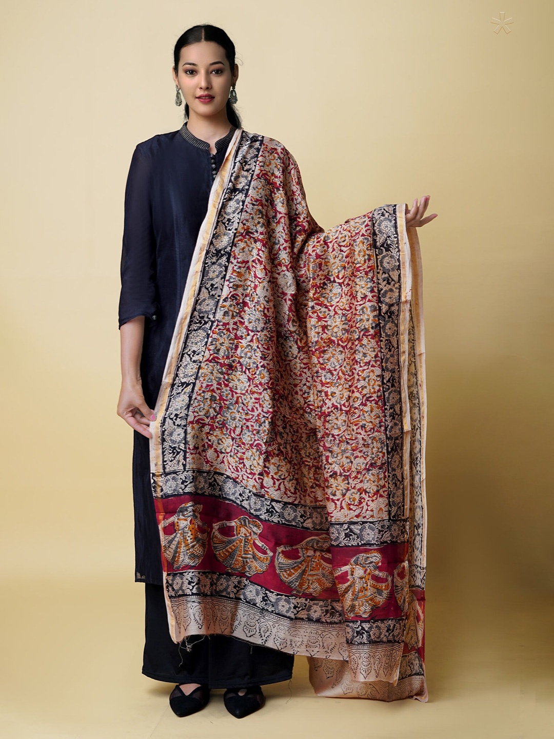 

Unnati Silks Ethnic Motifs Printed Pure Chanderi Hand Block Kalamkari Dupatta, Cream