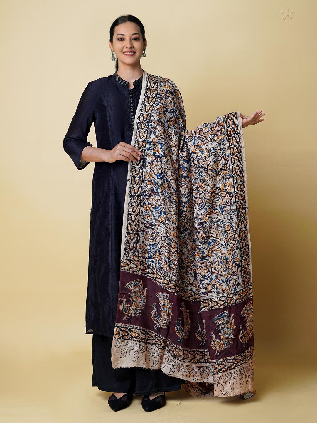 

Unnati Silks Ethnic Motifs Kalamkari Block Printed Dupatta, Brown